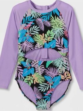 art class Purple Long-Sleeve Tropical Cutout One-Piece Swimsuit